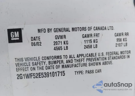 2003 Chevrolet Impala from USA, damaged, VIN 2G1WF52E539101715